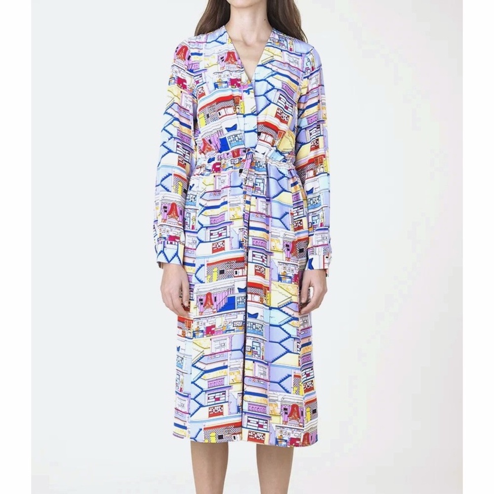 Stine Goya Camilla Palazzo Print Silk Shirt Dress Doll House Pastel Stairs M